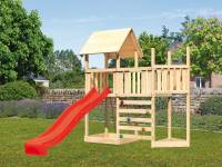 Akubi Spielturm Lotti Satteldach + Schiffsanbau oben + Anbauplattform + Kletterwand + Rutsche in rot