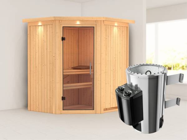 Tonja - Karibu Sauna Plug & Play 3,6 kW Ofen, int. Steuerung - mit Dachkranz - Klarglas Ganzglastür