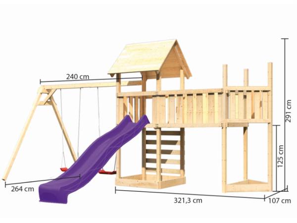 Akubi Spielturm Lotti Satteldach + Schiffsanbau oben + Doppelschaukel + Anbauplattform XL + Kletterwand + Rutsche in violett