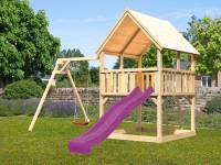 Akubi Spielturm Luis Satteldach + Rutsche violett + Einzelschaukel