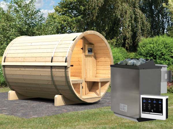 Karibu Fass - Sauna 2 42 mm inkl. 9-kW-Bioofen - Saunahaus
