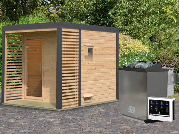 Karibu Hybrid Saunahaus Ares 2, naturbelassen/anthrazit -inkl. 9 kW Bioofen ext. Steuerung-