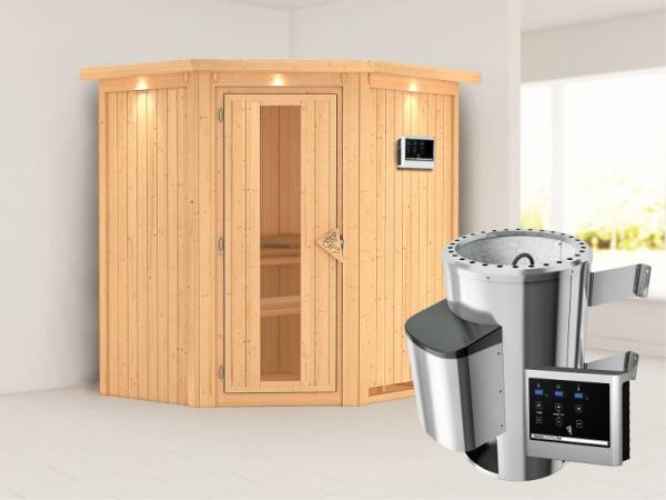 Tonja - Karibu Sauna Plug & Play 3,6 kW Ofen, ext. Steuerung - mit Dachkranz - Energiespartür