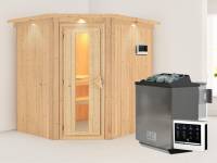 Karibu Sauna Siirin inkl. 9 kW Bioofen ext. Steuerung mit energiesparender Saunatür -mit Dachkranz-