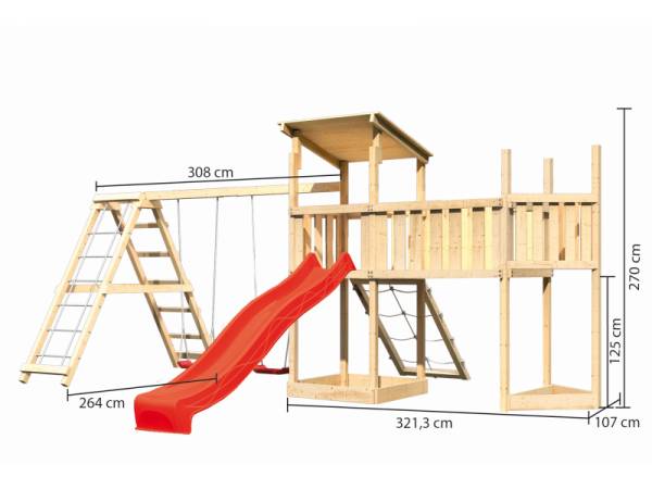 Akubi Spielturm Anna + Rutsche rot + Doppelschaukelanbau Klettergerüst + Anbauplattform XL + Netzrampe + Schiffsanbau oben