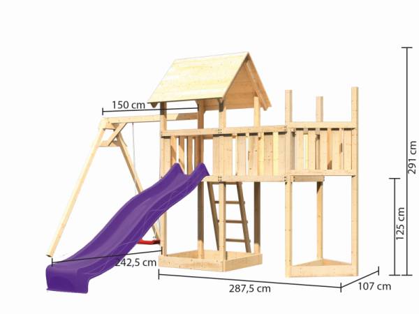 Akubi Spielturm Lotti Satteldach + Schiffsanbau oben + Anbauplattform + Einzelschaukel + Rutsche in violett
