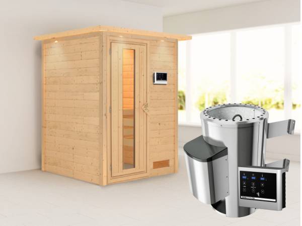 Nadja - Karibu Sauna Plug &amp; Play 3,6 kW Ofen, ext. Steuerung - mit Dachkranz - Energiespartür