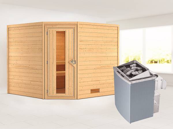 Karibu Sauna Leona 38 mm ohne Dachkranz- 9 kW Ofen integr. Strg- energiesparende Tür
