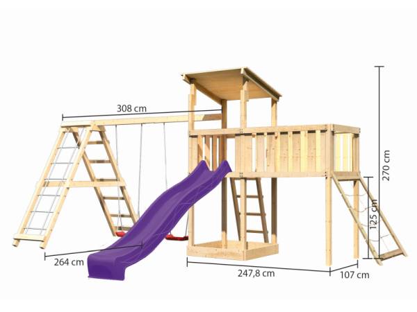 Akubi Spielturm Anna + Rutsche violett + Doppelschaukelanbau Klettergerüst + Anbauplattform XL + Netzrampe