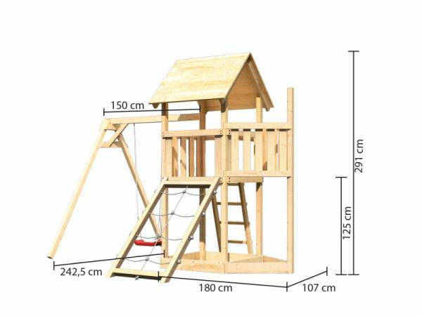 Akubi Spielturm Lotti Satteldach + Schiffsanbau oben + Einzelschaukel + Netzrampe