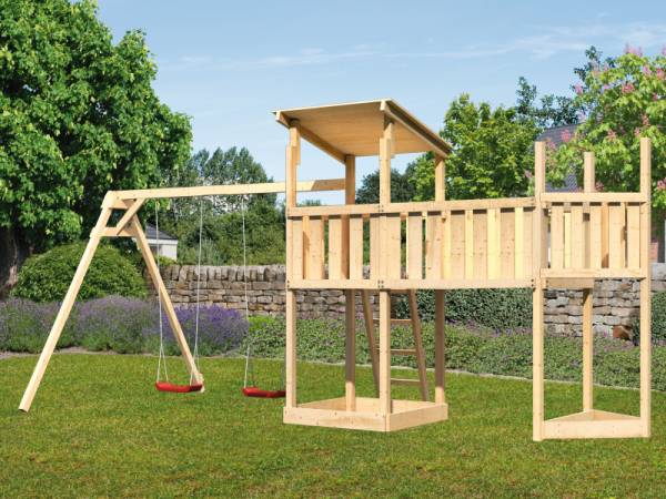 Akubi Spielturm Anna + Doppelschaukel + Anbauplattform XL + Schiffsanbau oben