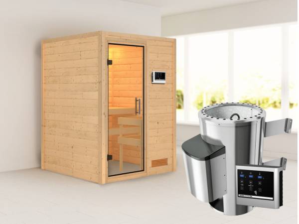 Nadja - Karibu Sauna Plug &amp; Play 3,6 kW Ofen, ext. Steuerung - ohne Dachkranz - Klarglas Ganzglastür