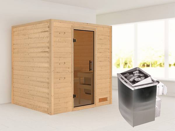 Karibu Woodfeeling Sauna Anja - Moderne Saunatür - 4,5 kW Ofen integr. Strg. - ohne Dachkranz