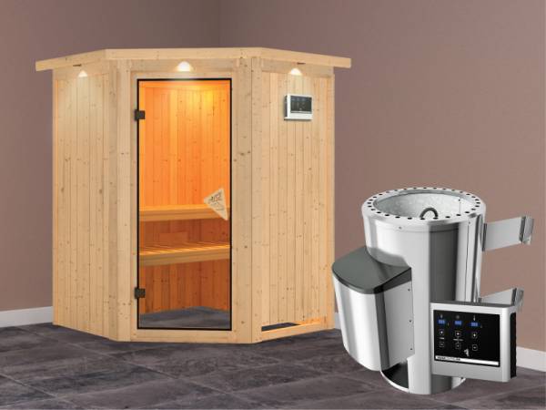 Nanja - Karibu Sauna Plug &amp; Play inkl. 3,6 kW-Ofen - mit Dachkranz -