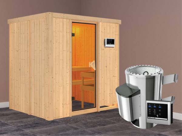 Fanja - Karibu Sauna Plug &amp; Play inkl. 3,6 kW-Ofen - ohne Dachkranz -