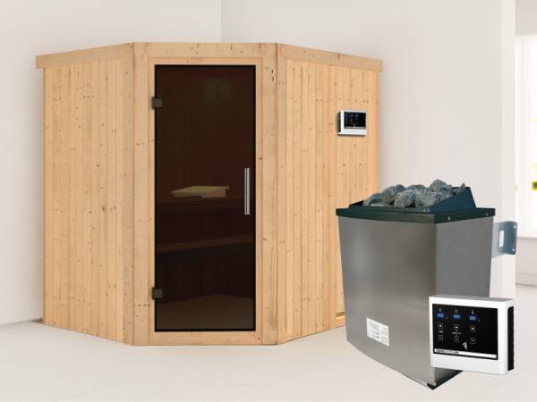 Karibu Sauna Siirin 68 mm- moderne Saunatür- 4,5 kW Ofen ext. Strg- ohne Dachkranz