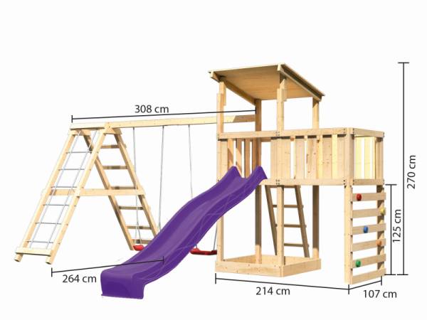 Akubi Spielturm Anna + Rutsche violett + Doppelschaukelanbau Klettergerüst + Anbauplattform + Kletterwand