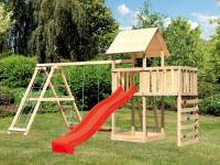 Akubi Spielturm Lotti Satteldach + Rutsche rot + Doppelschaukel Klettergerüst + Anbauplattform + Kletterwand