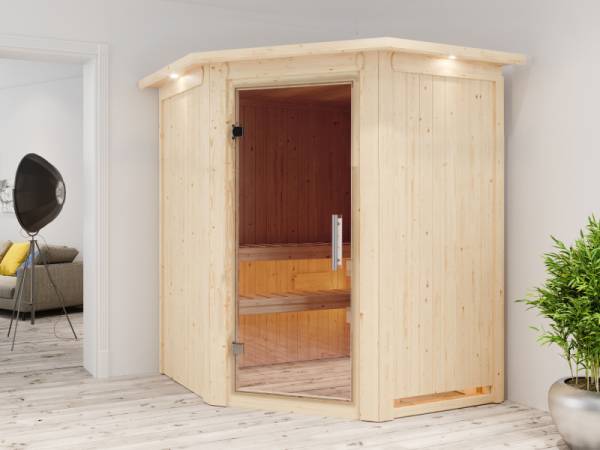 Karibu Sauna Larin inkl. 9kW Ofen externe Steuerung, mit Klarglas-Ganzglastür -mit Dachkranz-