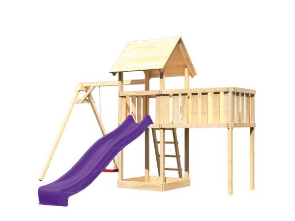 Akubi Spielturm Lotti natur mit Anbauplattform XL, Einzelschaukel und Rutsche violett