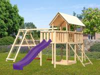 Akubi Spielturm Danny Satteldach + Rutsche violett + Doppelschaukelanbau Klettergerüst + Anbauplattform + Netzrampe