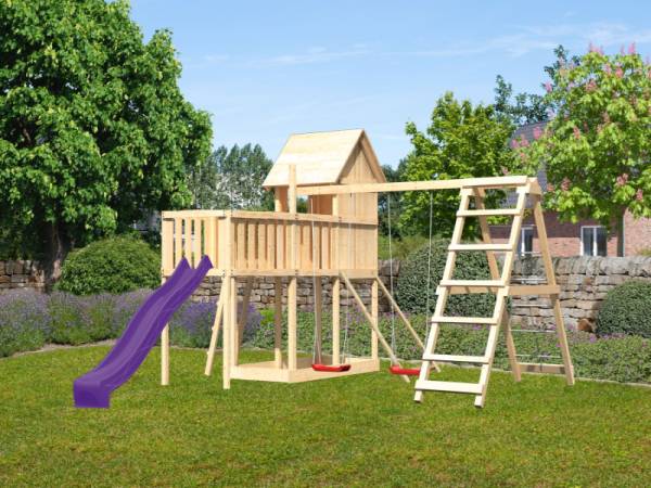 Akubi Stelzenhaus Frieda + Rutsche violett + Doppelschaukel mit Klettergerüst + Anbauplattform XL + Netzrampe