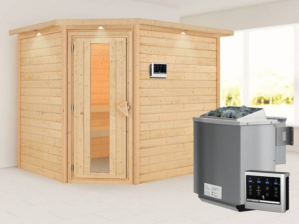 Karibu Sauna Lisa 38 mm mit Dachkranz- 9 kW Bioofen ext. Strg- energiesparende Saunatür