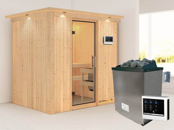 Karibu Sauna Bodin inkl. 9 kW Ofen ext. Steuerung mit Klarglas Ganzglastür -mit Dachkranz-