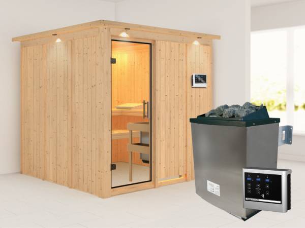 Karibu Sauna Rodin inkl. 9 kW Ofen mit ext. Steuerung, mit Dachkranz, mit Klarglas Ganzglastür