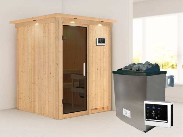 Karibu Sauna Norin- moderne Saunatür- 4,5 kW Ofen ext. Strg- mit Dachkranz