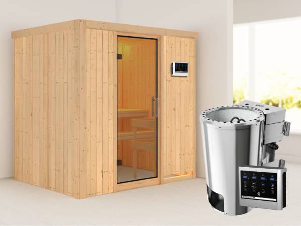 Fanja - Karibu Sauna Plug & Play 3,6 kW Bio Ofen, ext. Steuerung - ohne Dachkranz - Klarglas Ganzglastür