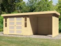 Karibu Gartenhaus Mühlendorf 4 natur 19 mm mit Anbaudach 2,20 m, Seiten- und Rückwand