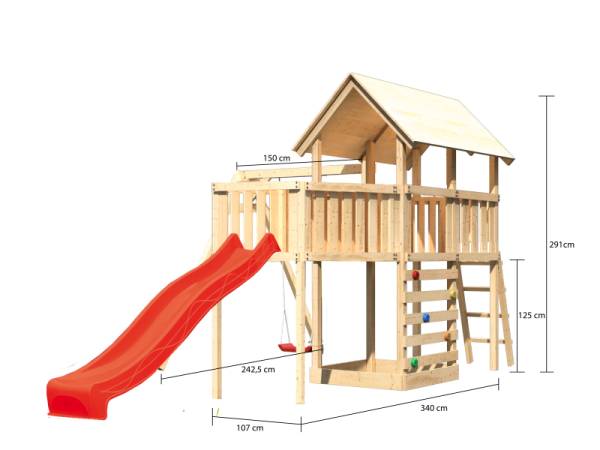 Akubi Spielturm Danny Satteldach + Rutsche rot + Einzelschaukel + Anbauplattform XL + Kletterwand