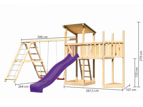 Akubi Spielturm Anna + Rutsche violett + Doppelschaukelanbau Klettergerüst + Anbauplattform + Schiffsanbau oben