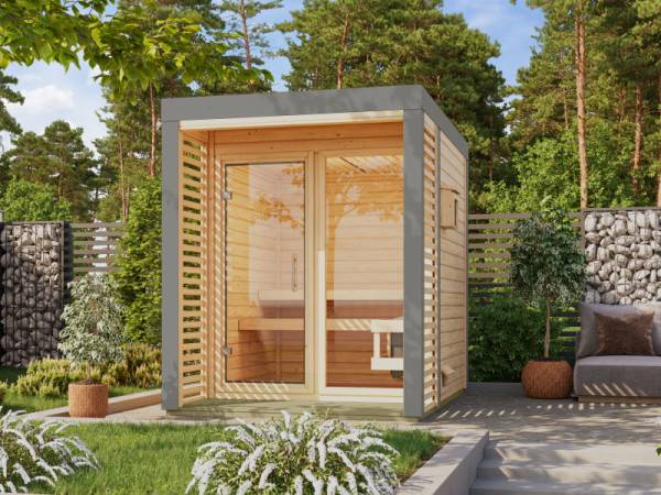 Karibu Hybrid Saunahaus Ares 1, naturbelassen/graualuminium -ohne Ofen- Karibu Hybrid Saunahaus Ares 1, naturbelassen/graualuminium -ohne Ofen-