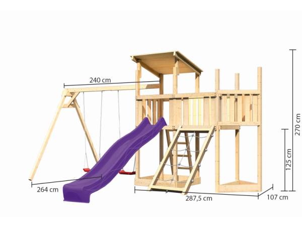 Akubi Spielturm Anna + Rutsche violett + Doppelschaukel + Anbauplattform + Netzrampe + Schiffsanbau oben