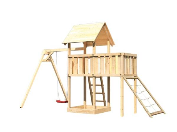 Akubi Spielturm Lotti natur mit Anbauplattform, Netzrampe und Einzelschaukel