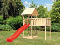Akubi Spielturm Lotti natur mit Anbauplattform XL und Rutsche rot