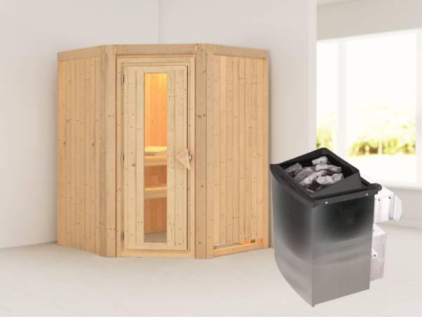 Karibu Sauna Larin- energiesparende Saunatür- 4,5 kW Ofen integr. Strg- ohne Dachkranz