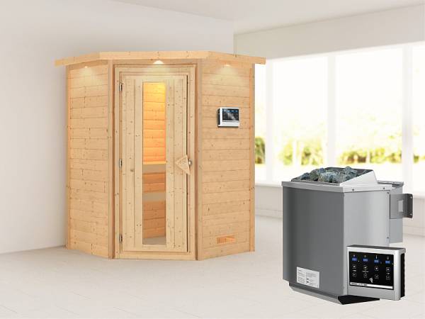Karibu Woodfeeling Sauna Franka- energiesparende Saunatür- 4,5 kW BIO-Ofen ext. Strg- mit Dachkranz