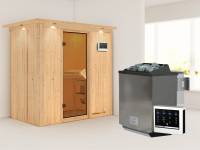 Karibu Sauna Variado- klassische Saunatür- 4,5 kW Bioofen ext. Strg- mit Dachkranz