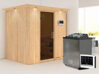 Karibu Sauna Bodin inkl. 9 kW Bioofen ext. Steuerung, moderner Saunatür -mit Dachkranz-