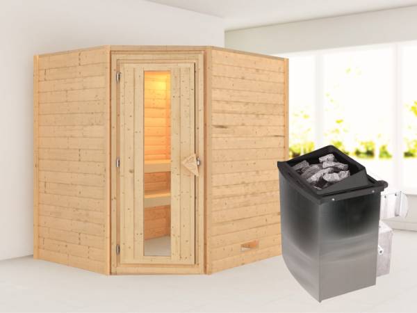 Karibu Sauna Mia- energiesparende Saunatür- 4,5 kW Ofen integr. Strg- ohne Dachkranz