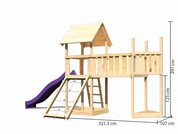 Akubi Spielturm Lotti Satteldach + Schiffsanbau oben + Anbauplattform XL + Netzrampe + Rutsche in violett