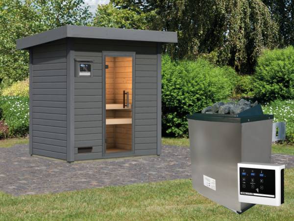 Karibu Saunahaus Caapi 2,terragrau, inkl. 9 kW finnischer Ofen ext. Steuerung, mit Klarglastür und Fußboden Karibu Saunahaus Caapi 2,terragrau, inkl. 9 kW finnischer Ofen ext. Steuerung, mit Klarglastür und Fußboden