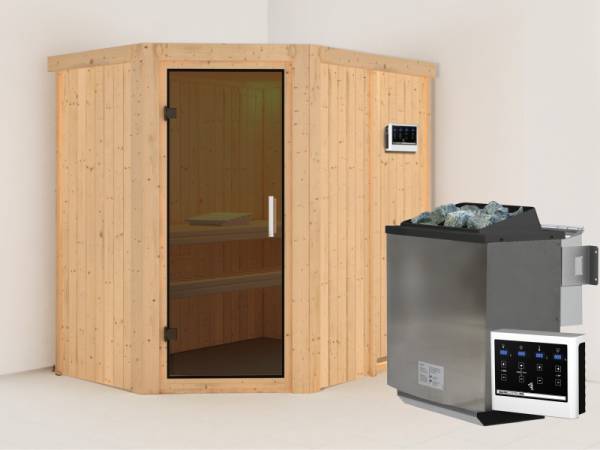 Karibu Sauna Carin inkl. 9 kW Bioofen ext. Steuerung mit moderner Saunatür - ohne Dachkranz -