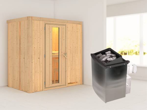 Karibu Sauna Variado- energiesparende Saunatür- 4,5 kW Ofen integr. Strg- ohne Dachkranz