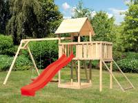 Akubi Spielturm Lotti Satteldach + Rutsche rot + Doppelschaukel + Anbauplattform + Netzrampe