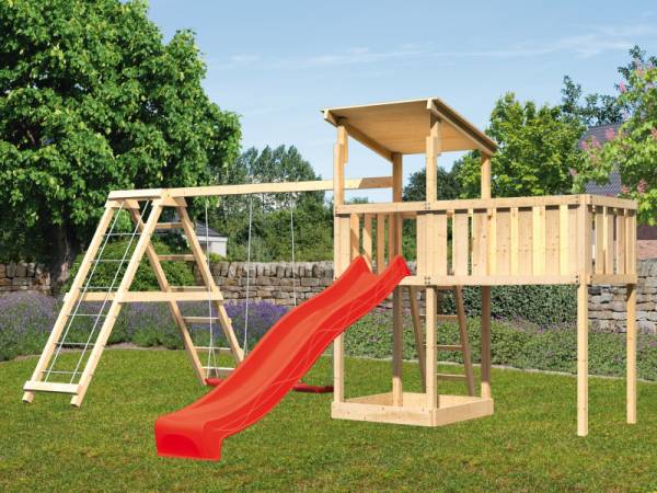Akubi Spielturm Anna + Rutsche rot + Doppelschaukelanbau Klettergerüst + Anbauplattform XL