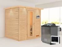 Karibu Sauna Anja inkl. 9 kW Bioofen ext. Steuerung mit energiesparender Saunatür -mit Dachkranz-